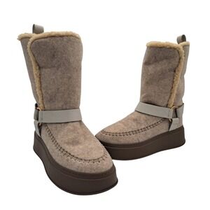 ODISSI‎ Platform Boots Women's Size 38 US 7.5 Taupe Felted Wool Shearling Lined